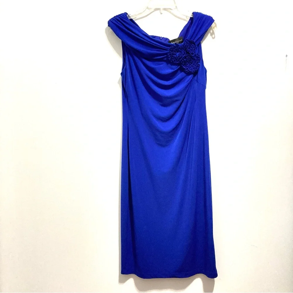 Connected Apparel Royal Cobalt Blue Sleeveless Draped Dress Rosette Detail